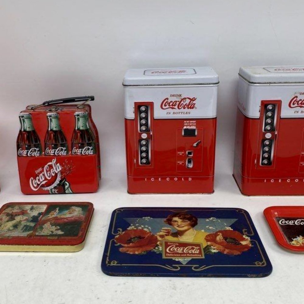 Lot of Assorted Drink Coca-Cola in Bottle Metal Coin bank, Ice chest Tin & Trays